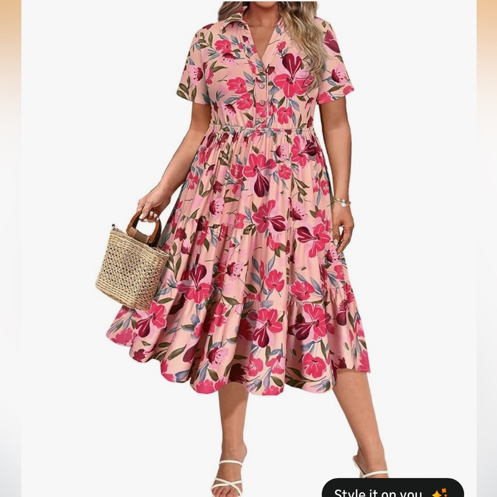NWT Carcos pink green blue floral print short sleeve tiered dress size XL